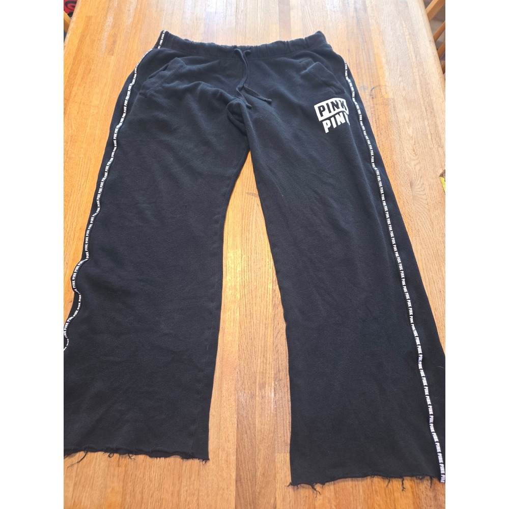 Victoria's Secret‎ PINK Women SM Black Logo Tape Raw Hem Wide Leg Sweatpants